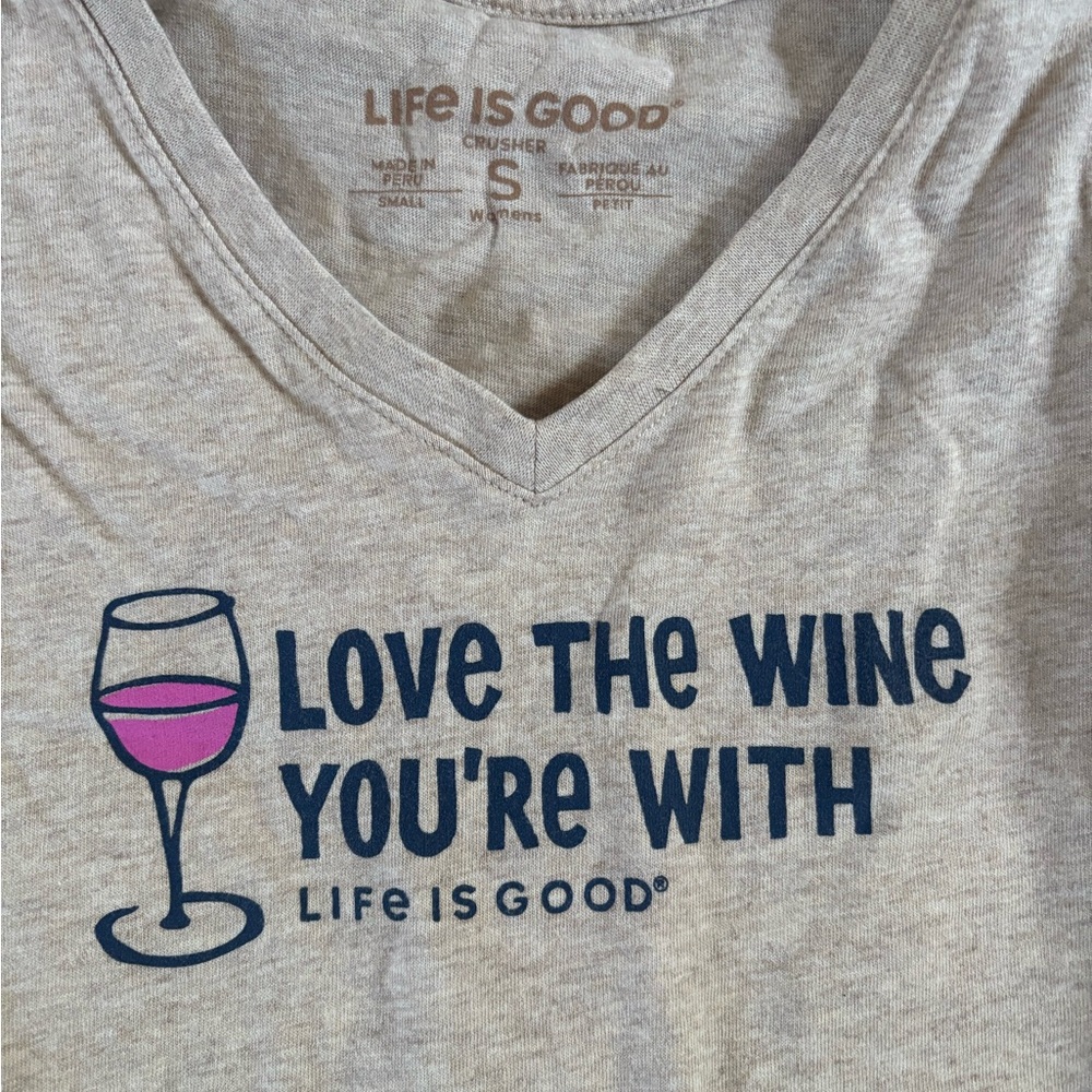 Life Is Good Beige Heather V-Neck Tee with Navy & Pink Graphic